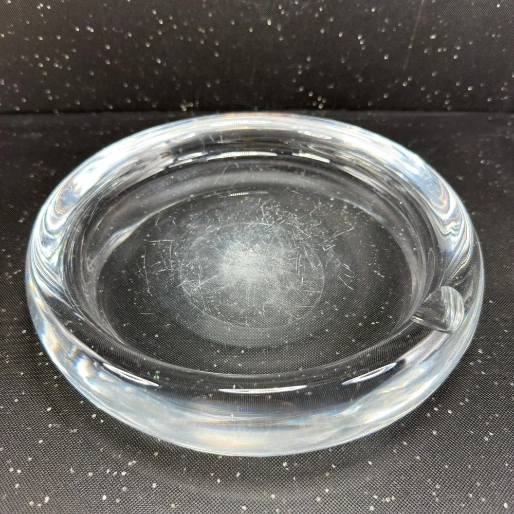 Vintage 1960s Sweden Art Glass Ashtray 8 Inch Heavy Clear Crystal MCM Round